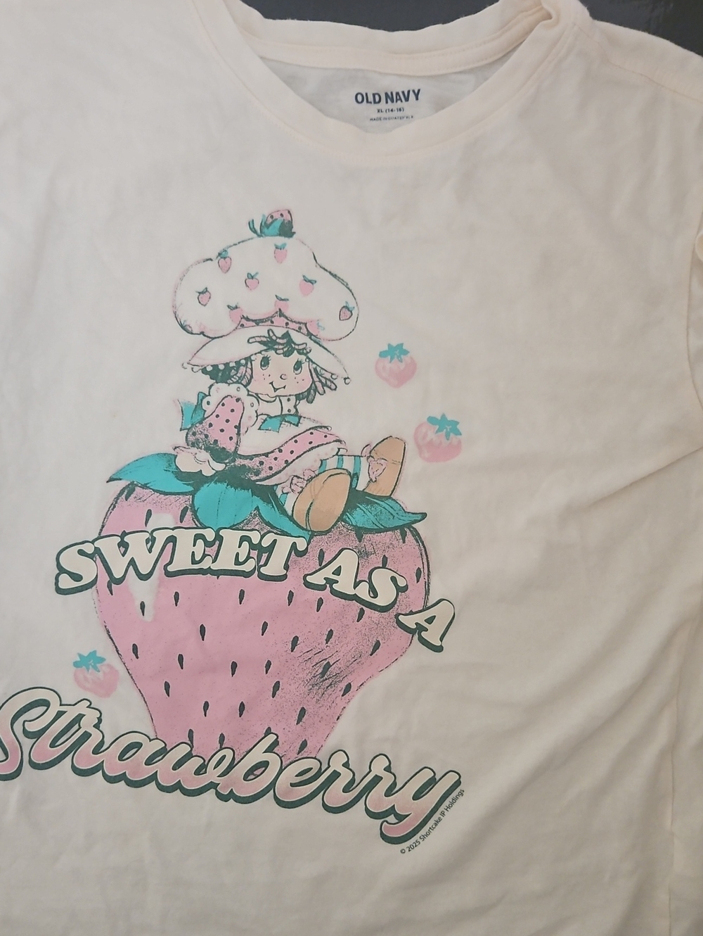 Old Navy Cream Graphic Tee with Pink & Teal Strawberry Shortcake Artwork